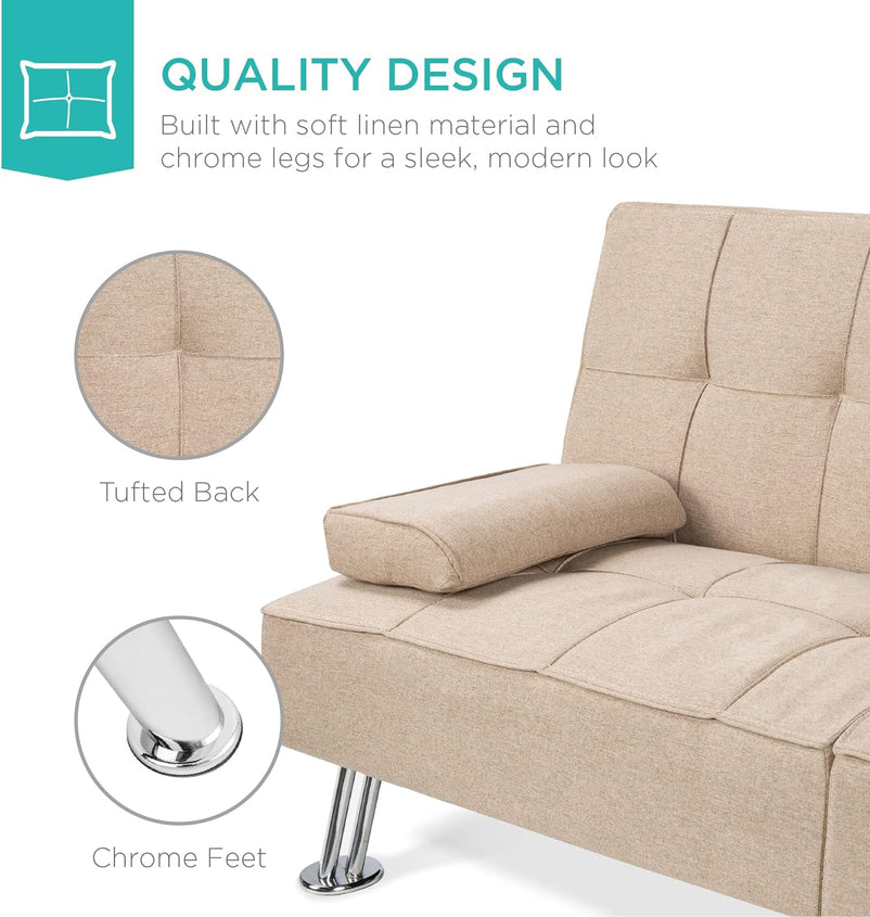 Best Choice Products Linen Upholstered Modern Convertible Folding Futon Sofa Bed for Compact Living Space, Apartment, Dorm, Bonus Room w/Removable Armrests, Metal Legs, 2 Cupholders - Gray