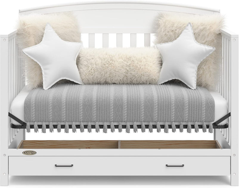 5-in-1 Convertible Baby Bed (with drawers, white) - Green Guardian Gold Certification, built-in baby bed storage drawer, convertible to toddler bed, day bed and full-size bed