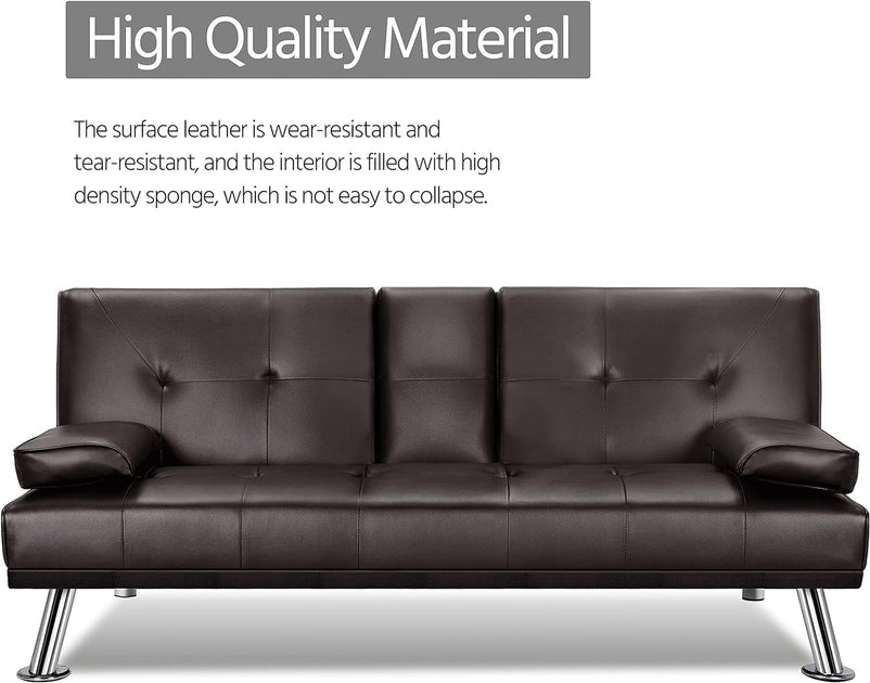 Yaheetech Convertible Sofa Bed Adjustable Couch Sleeper Modern Faux Leather Home Recliner Reversible Loveseat Folding Daybed Guest Bed, Removable Armrests, Cup Holders, 3 Angles, 772lb Capacity, Black