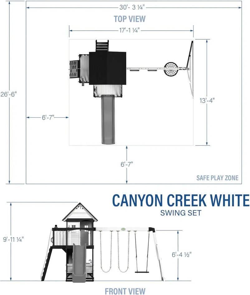 Backyard Discovery Canyon Creek Cedar Wood Swing Set with Wave Slide, Clubhouse, Play Kitchen, Picnic Area, Belt Swings, Web Swing, Rock Wall, Balconies, Playhouse, Step Ladder, Outdoor Playset